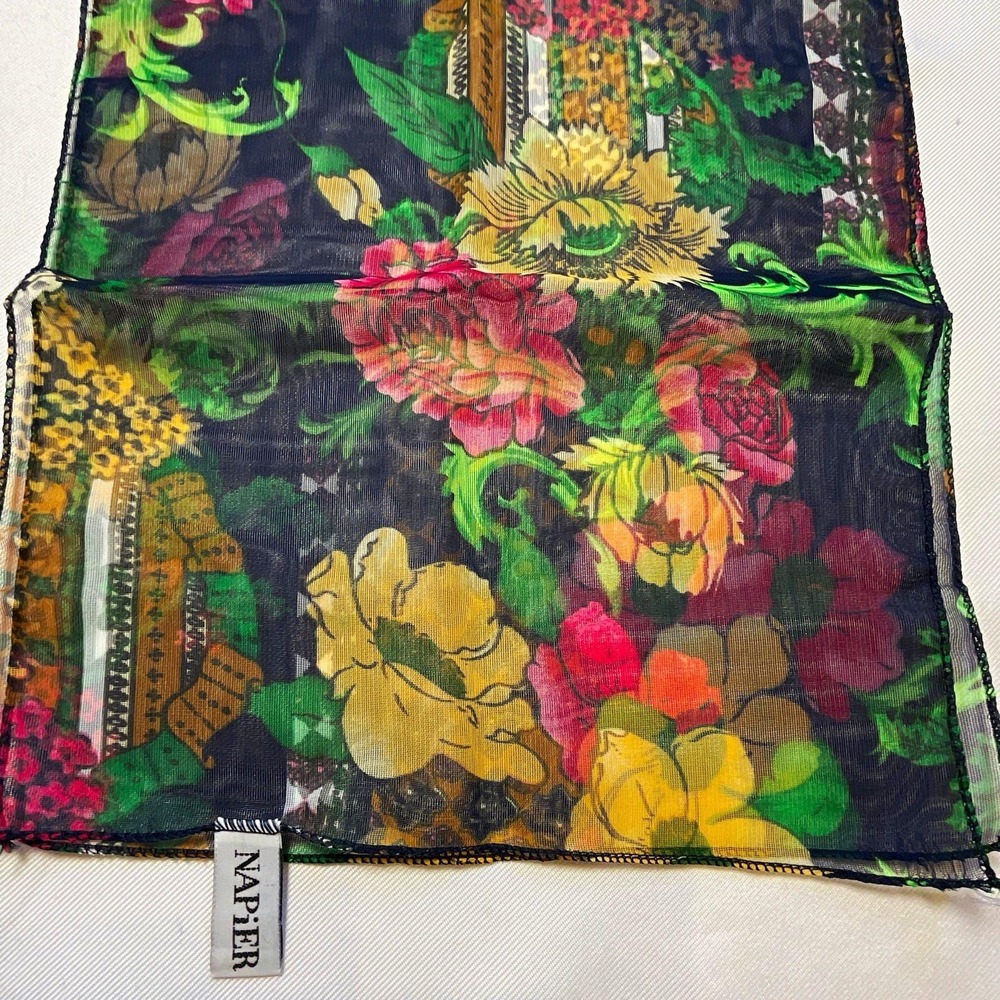 Vintage Napier Multicolor Floral Neck Scarf Short Sheer Abstract 1970s Korea